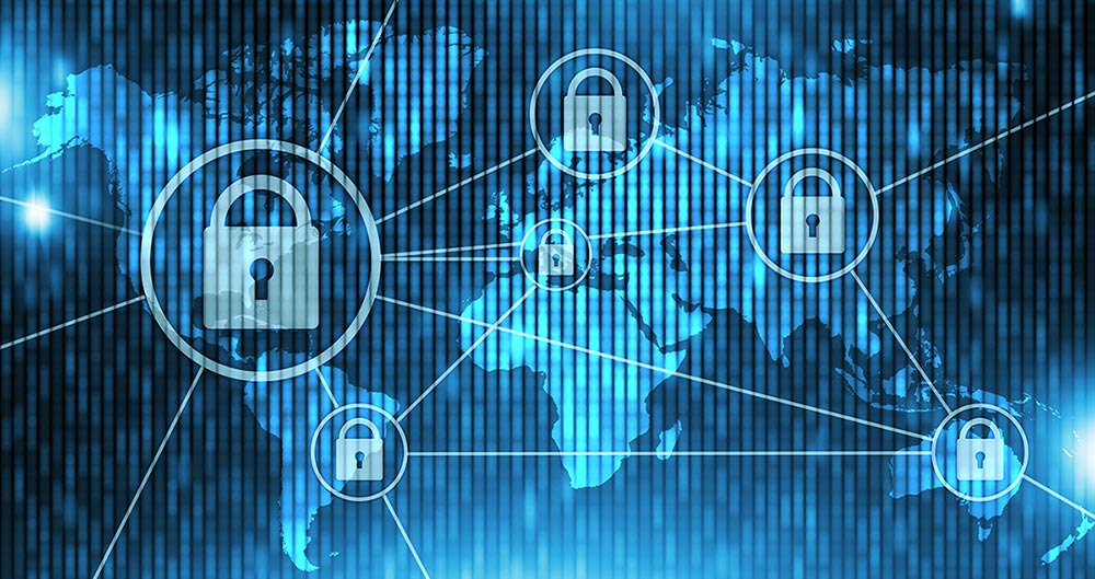 Graphic concept of cybersecurity, using icons of locks on a map to depict security