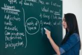 Teacher writing on blackboard in classroom