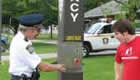 Public Safety officer helping student with campus directions